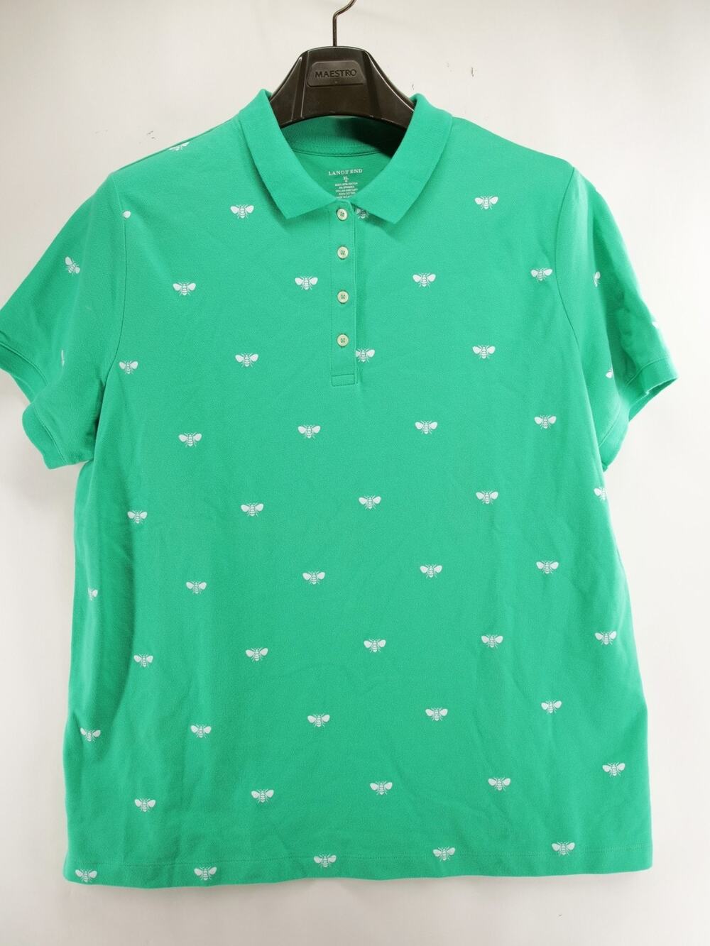 Lands' End Polo Shirt Womens XL 18 Green White Bumblebee Honey Bee Print Stretch